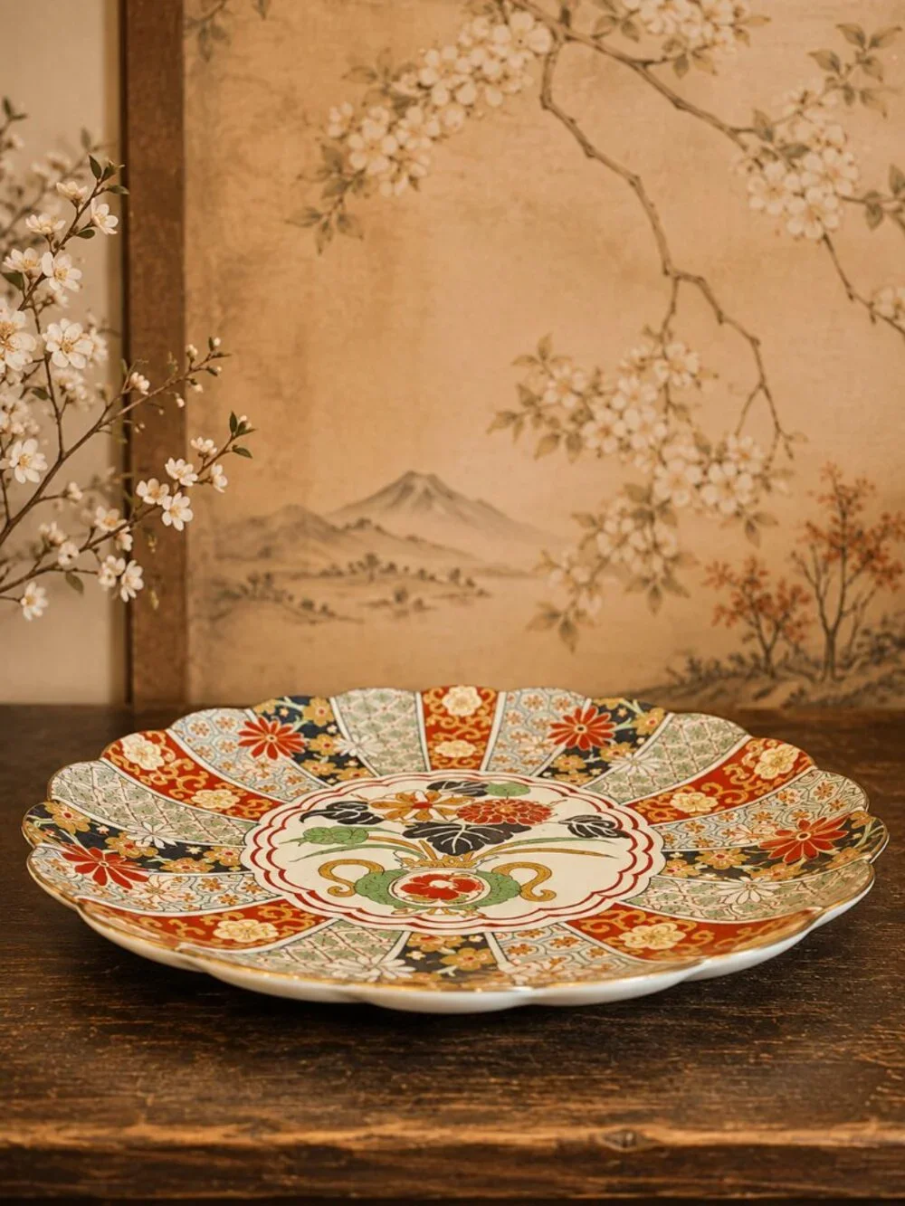 Vintage Japanese Arita Imari Porcelain Scalloped Serving Platter